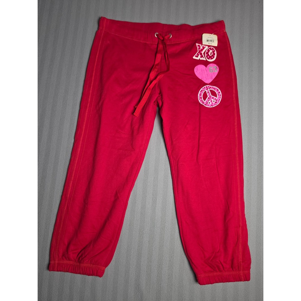 No Boundaries Red Graphic Fleece Cropped Sweatpants M 7-9 XO Heart Peace Sign